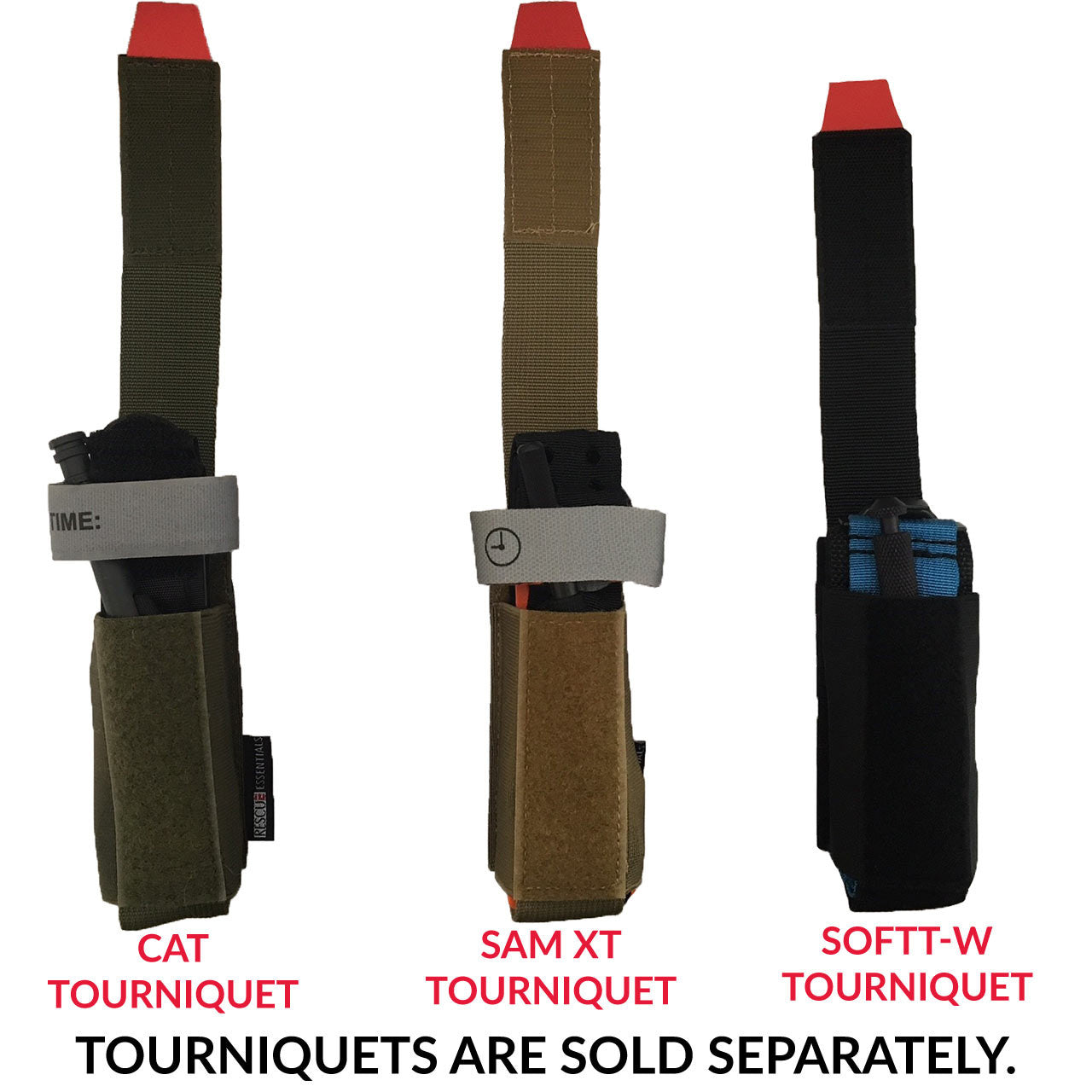 Universal Tourniquet Holder, flaps up, showing all three color options with Tourniquets that are sold separately.