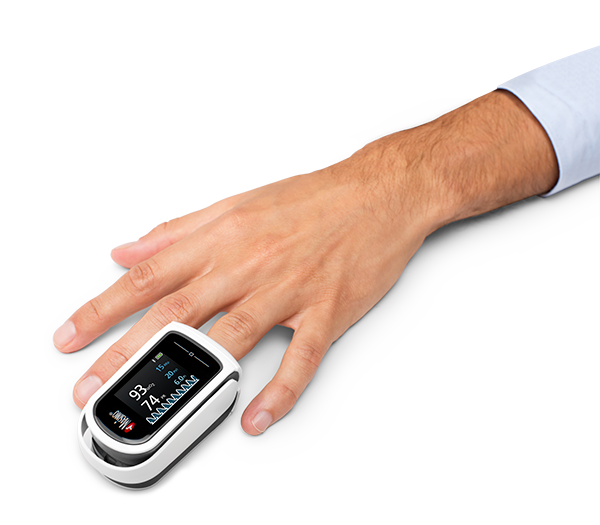 MightySat Rx Fingertip Pulse Oximeter on hand