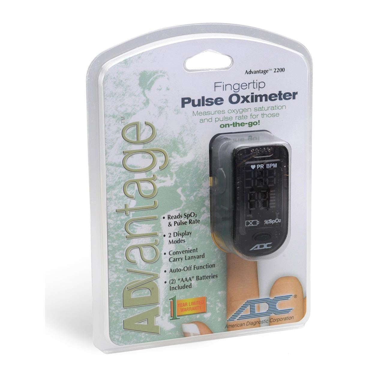 ADC Advantage 2200 Digital Fingertip Pulse Oximeter, Front of package view.