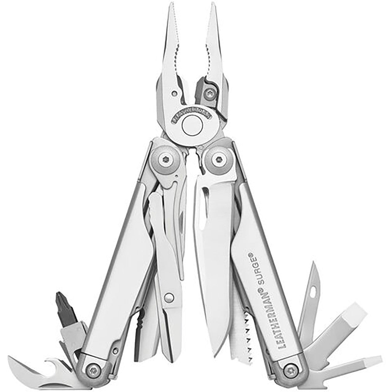 Leatherman Surge Multitool, Vertical open view.