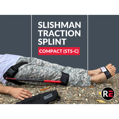 Slishman Traction Splint Compact (STS-C) by rescue essentials shown on leg with title