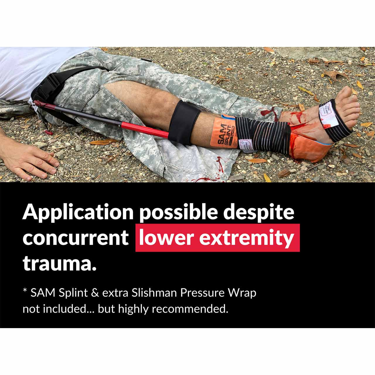 Slishman Traction Splint Compact (STS-C) by rescue essentials can be applied current with lower extremity trauma