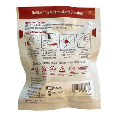 NuStat 4x4 Hemostatic Dressing packaged, Back