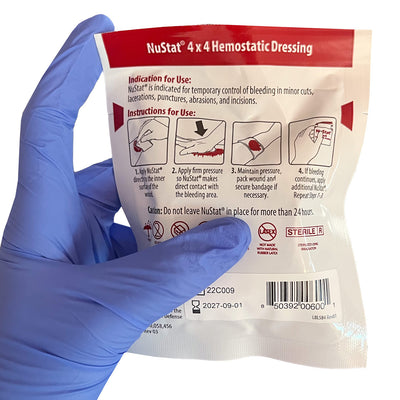 NuStat 4x4 Hemostatic Dressing, Packaged in hand back