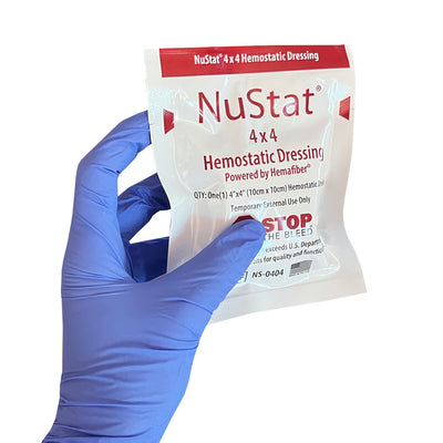 NuStat 4x4 Hemostatic Dressing, Packaged in hand