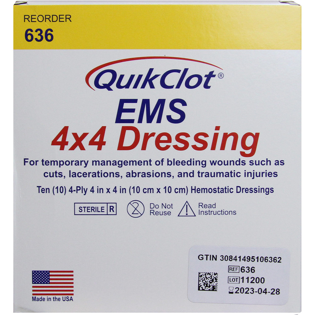 QuikClot EMS 4 x 4 Dressing, front of box