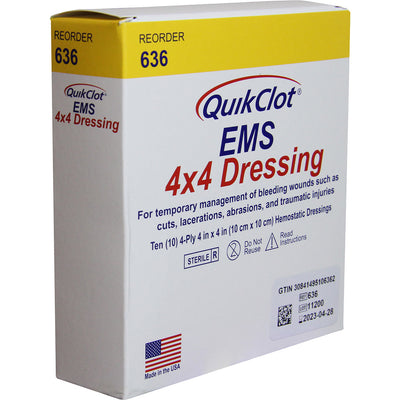QuikClot EMS 4 x 4 Dressing, in box