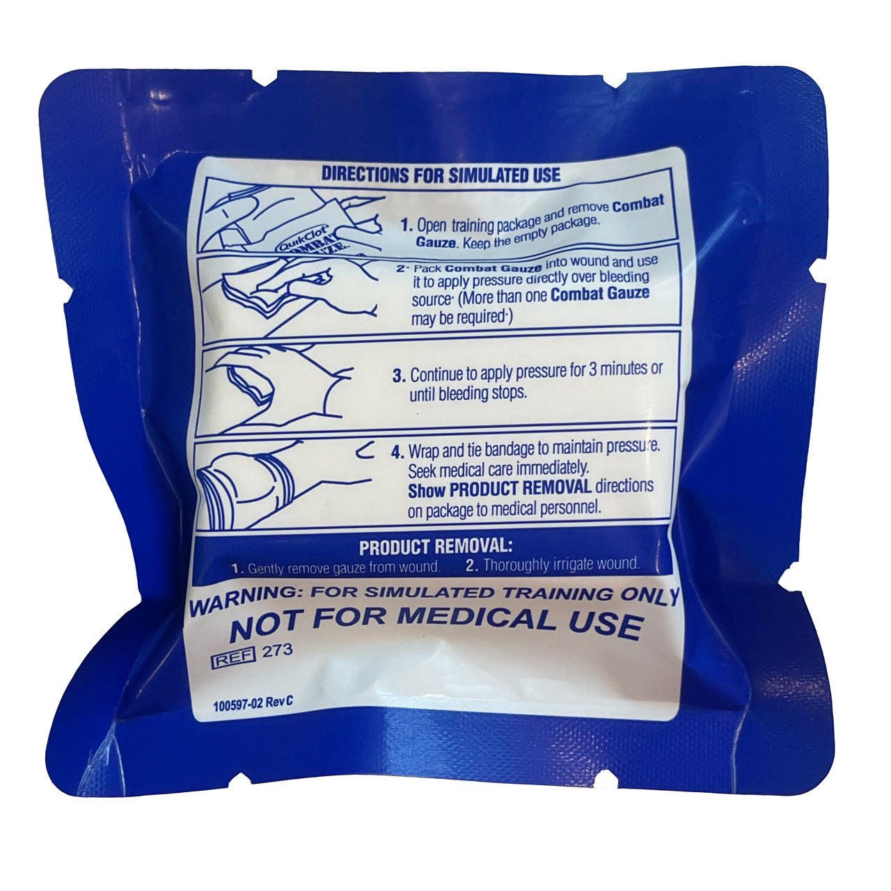 QuikClot Combat Gauze Trainer Package, back of packaging