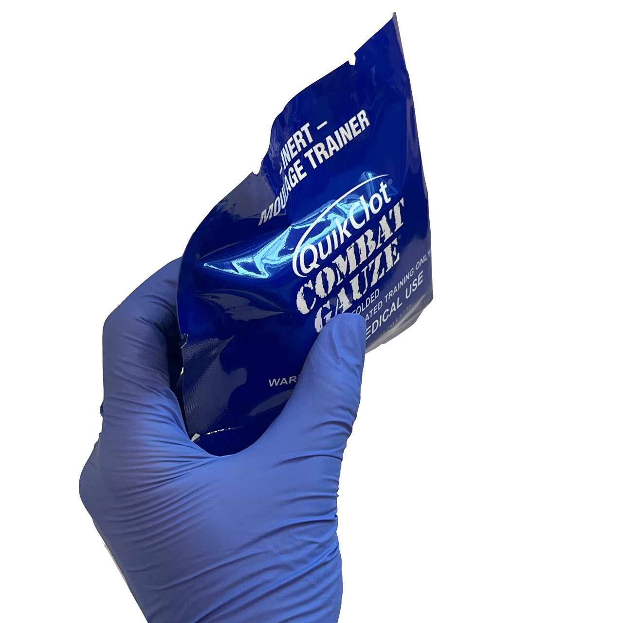 QuikClot Combat Gauze Trainer Package, packaged in hand