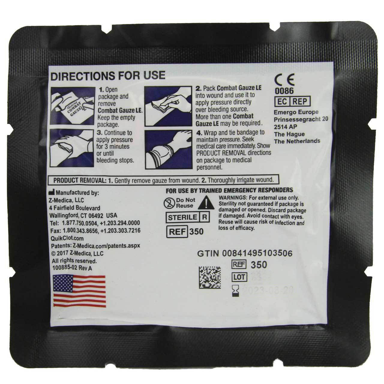 Combat Gauze hemostatic dressing by QuikClot law enforcement version back