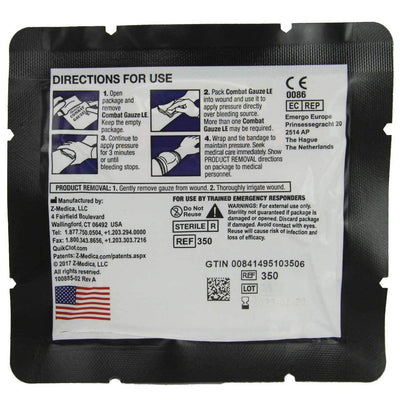 Combat Gauze hemostatic dressing by QuikClot law enforcement version back