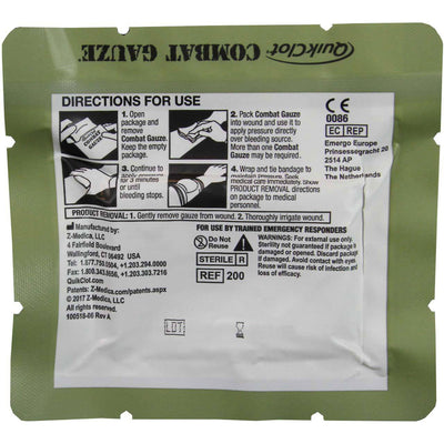 Combat Gauze hemostatic dressing by QuikClot military version back