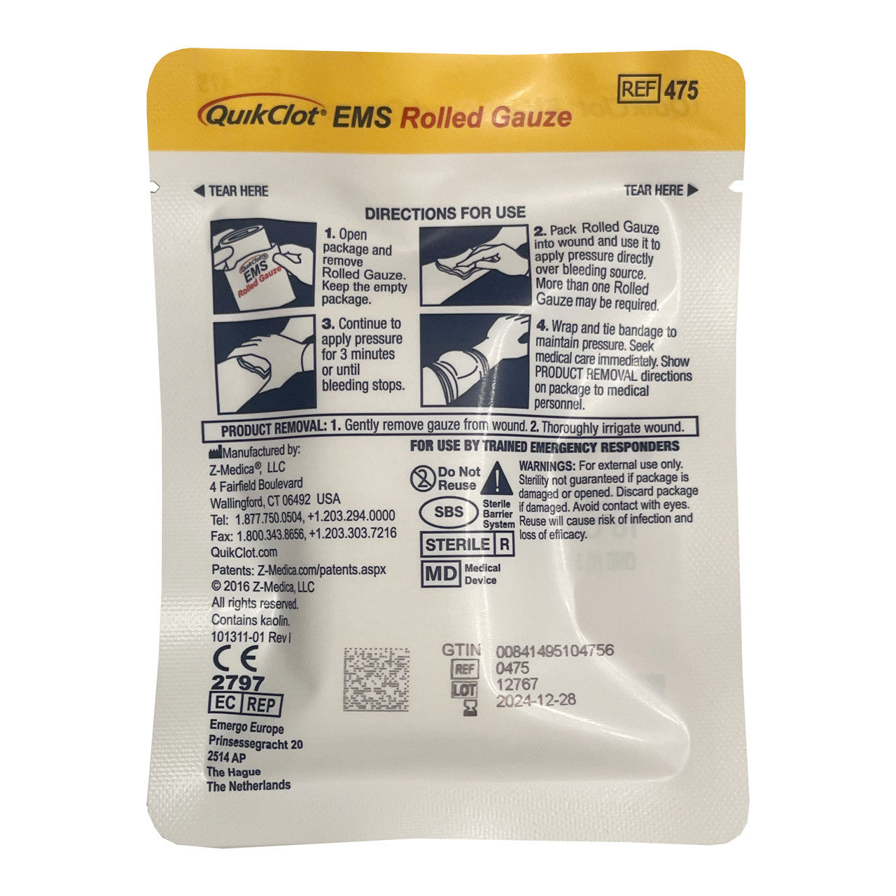QuikClot EMS Starter Pack, dressing, rolled gauze back