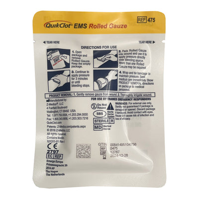 QuikClot EMS Starter Pack, dressing, rolled gauze back