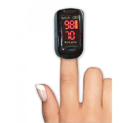  ADC Advantage 2200 Digital Fingertip Pulse Oximeter, on finger view.