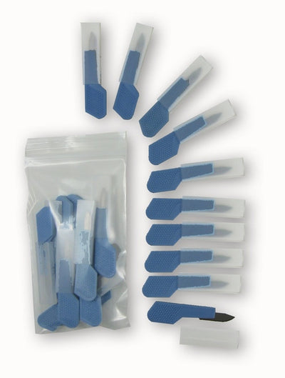 Scalpels are 2" long, non-sterile.