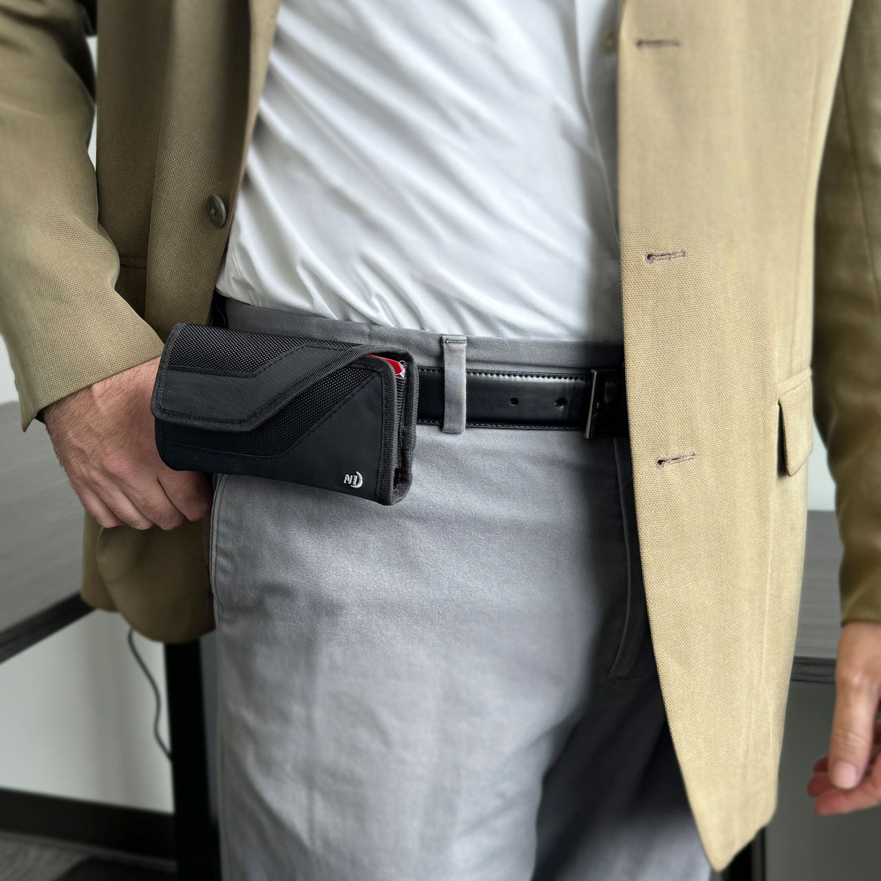  Clip Case Sideways™ Universal Rugged Holster, clipped on belt