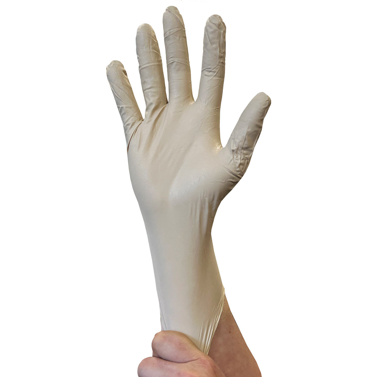 Bear Claw® Tan Nitrile Glove, on hand being pulled down