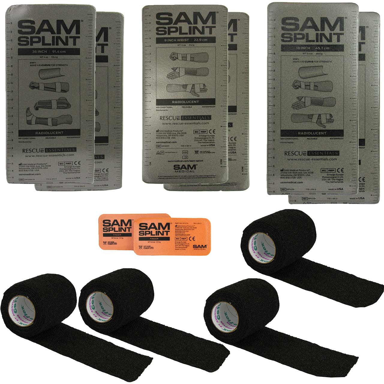 SAM Splint Combo Pack includes two 36 inch splints, two 18 inch splints, two 9 inch splints, 2 finger splints and 4 cohesive wraps. 