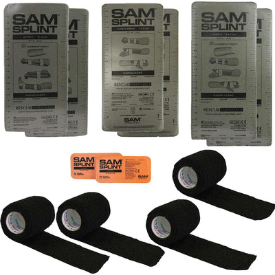 SAM Splint Combo Pack includes two 36 inch splints, two 18 inch splints, two 9 inch splints, 2 finger splints and 4 cohesive wraps. 