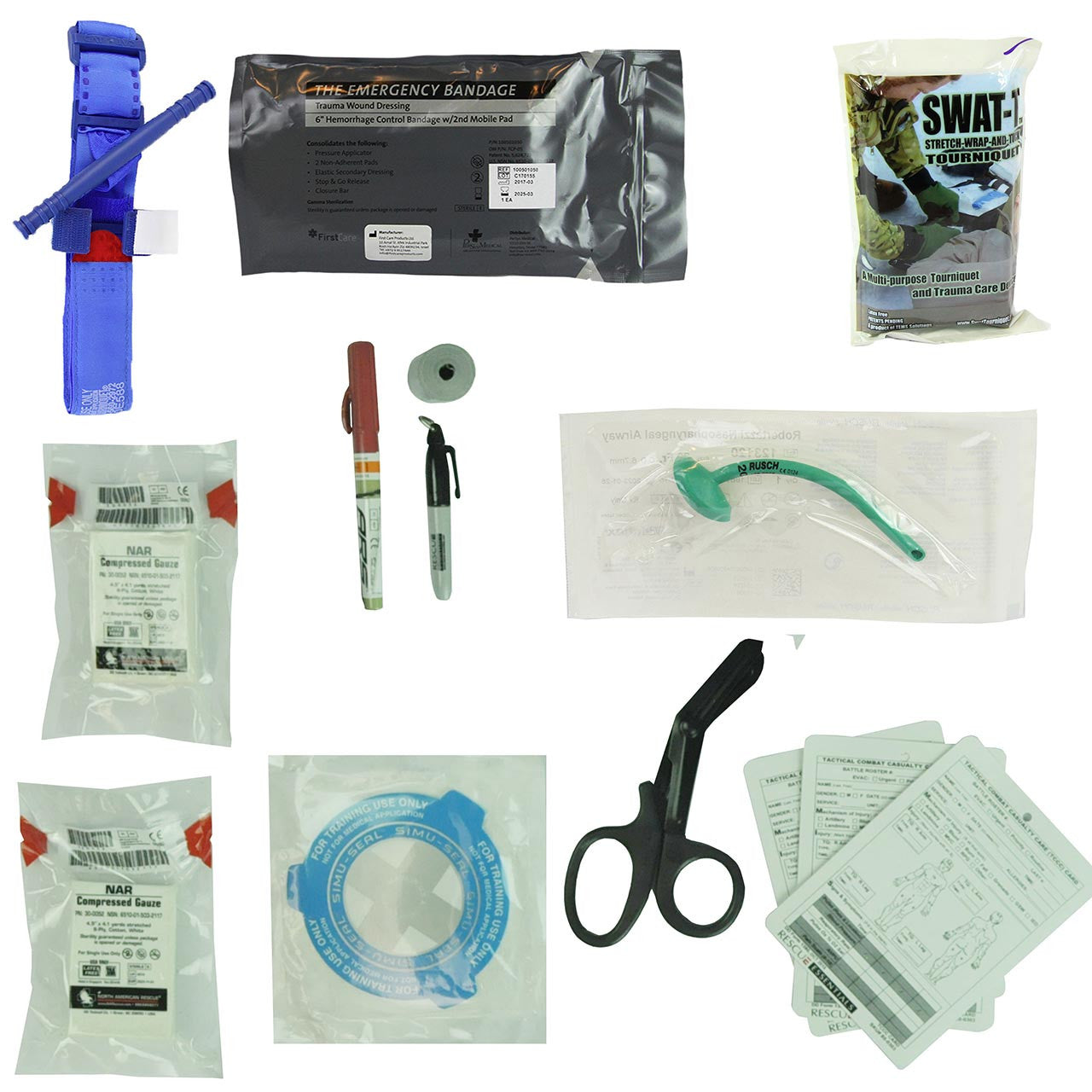 TCCC Trainer Trauma Kit, contents laid out