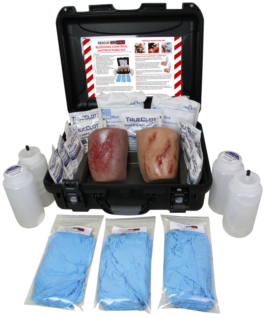 Rescue Essentials Bleeding Control Instructors Kit open, 2 laceration wounds