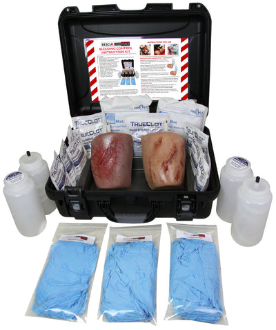 Rescue Essentials Bleeding Control Instructors Kit open, 2 laceration wounds