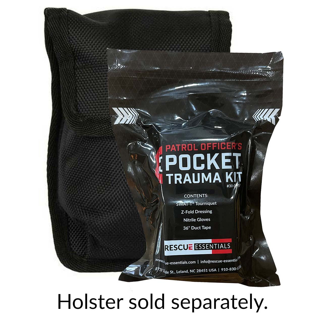 Patrol Officer's Pocket Trauma Kit by rescue essentials, showing kit and belt loop case