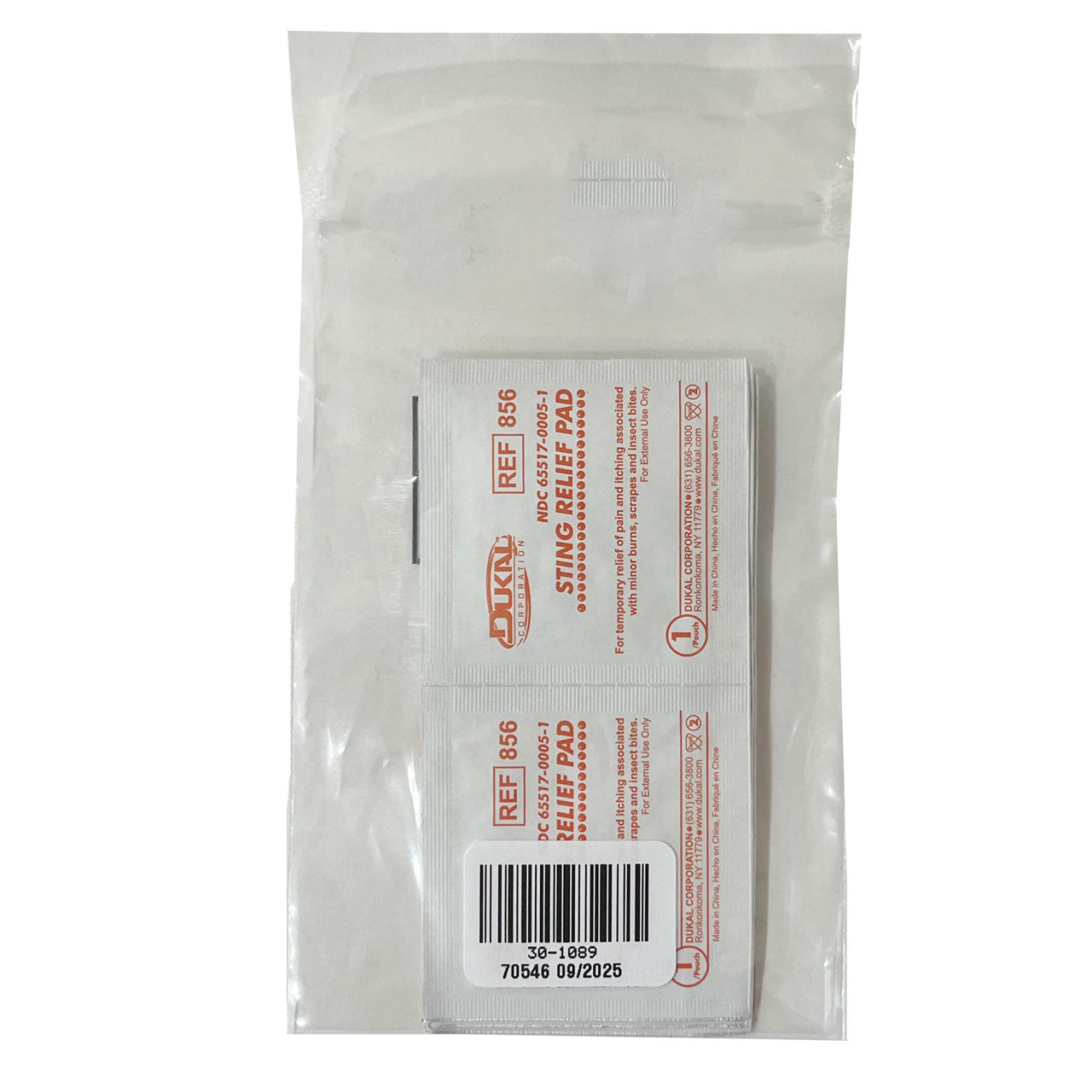 Sting Relief Wipes, back of packaging 