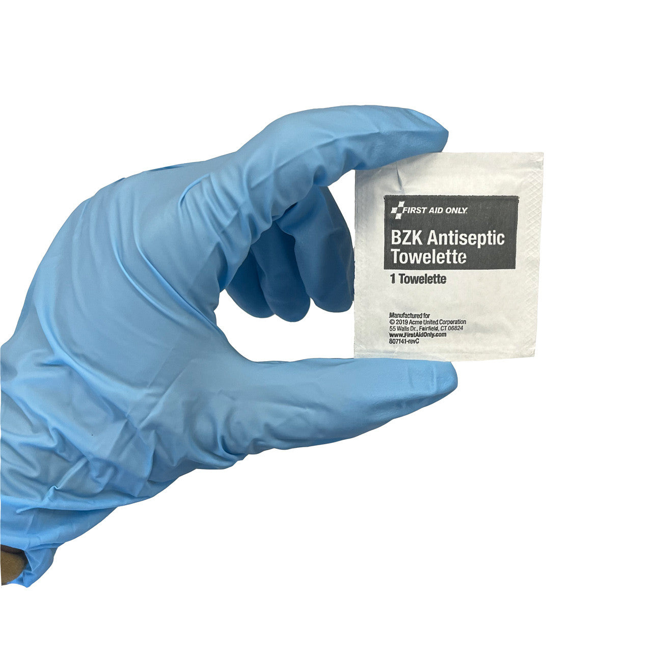 single BZK Antiseptic Towelette, unit in hand