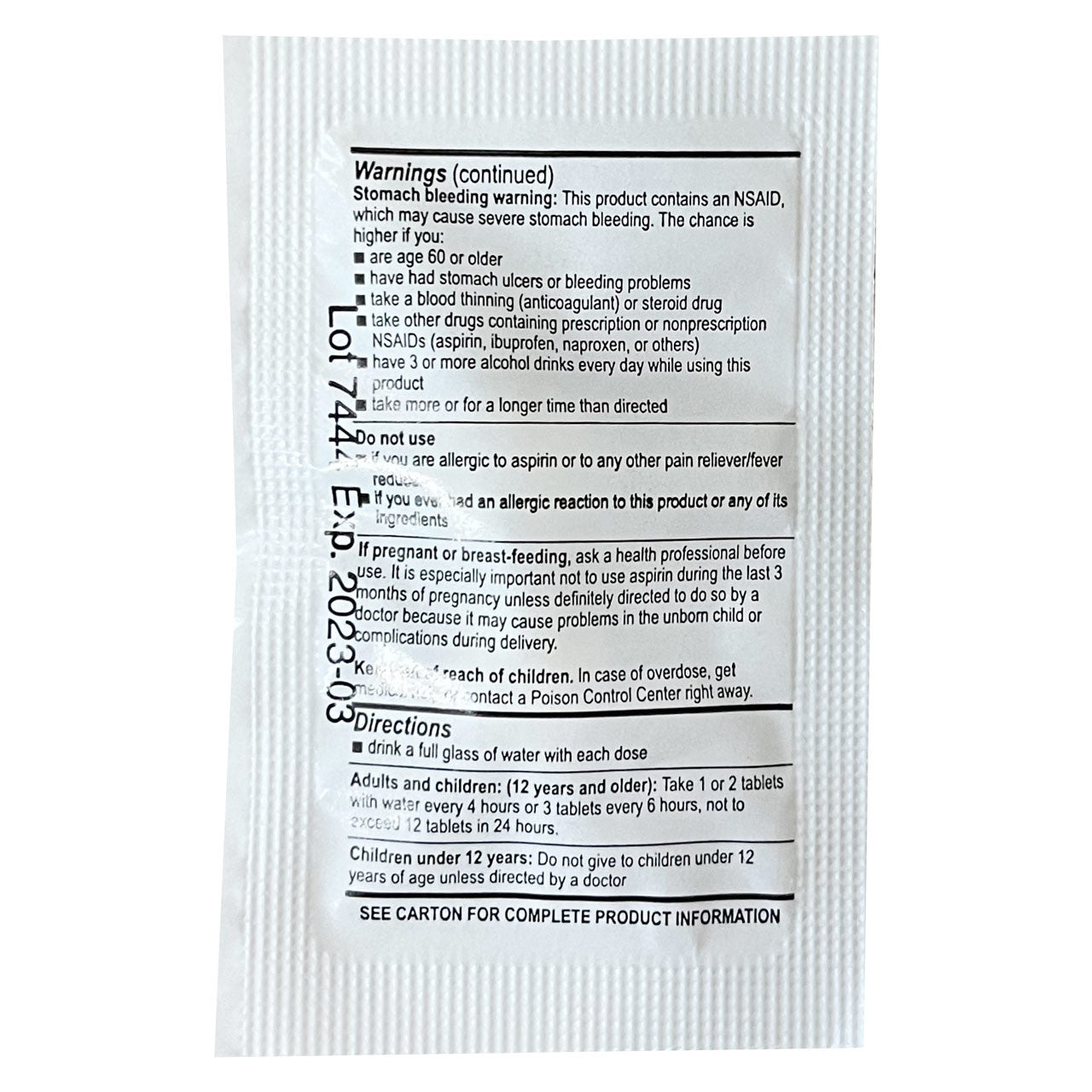 Medications Unit Dose Pack (Ibuprofen, Acetaminophen, Aspirin, Loperamide, Diphenhydramine, & Calcium Carbonate)