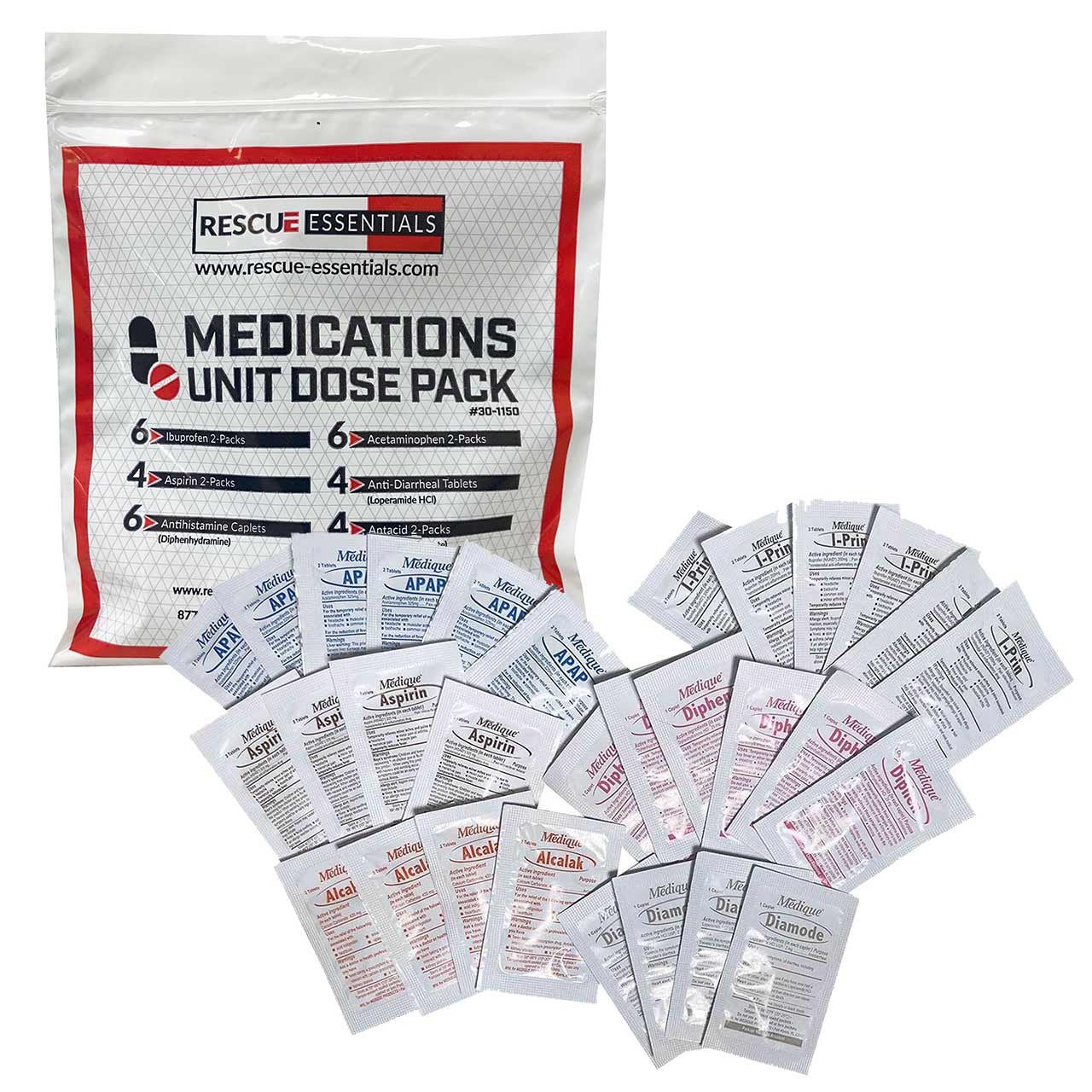 Medications Unit Dose Pack (Ibuprofen, Acetaminophen, Aspirin, Loperamide, Diphenhydramine, & Calcium Carbonate), bag and contents