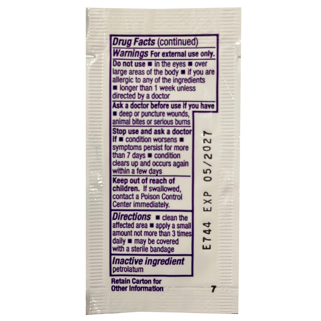 Topical Treatments Unit Dose Antibiotic Ointment, back of packaging