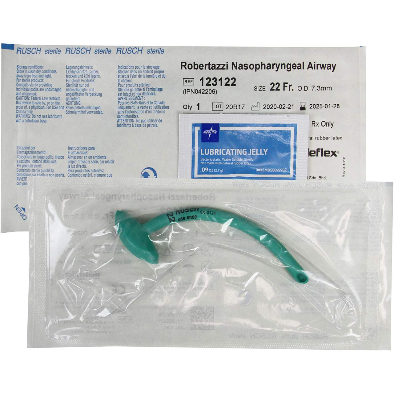 Rescue Essentials Naso Airway Kit, front and back of packaging 