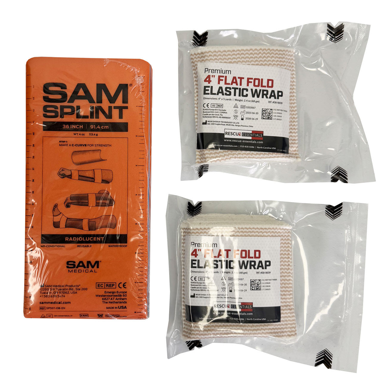 SAM Splint Combo Pack - (36" Orange/Blue Flat Splint with 4" Elastic Wraps) Immobilization Rescue Essentials