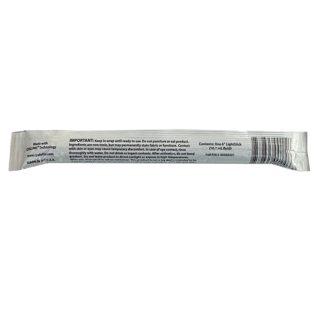 Cyalume Triage Light Stick Combo, back of stick