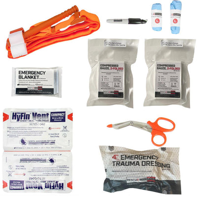 Stop The Bleed - Dual Treatment Intermediate Kit components with CAT tourniquet