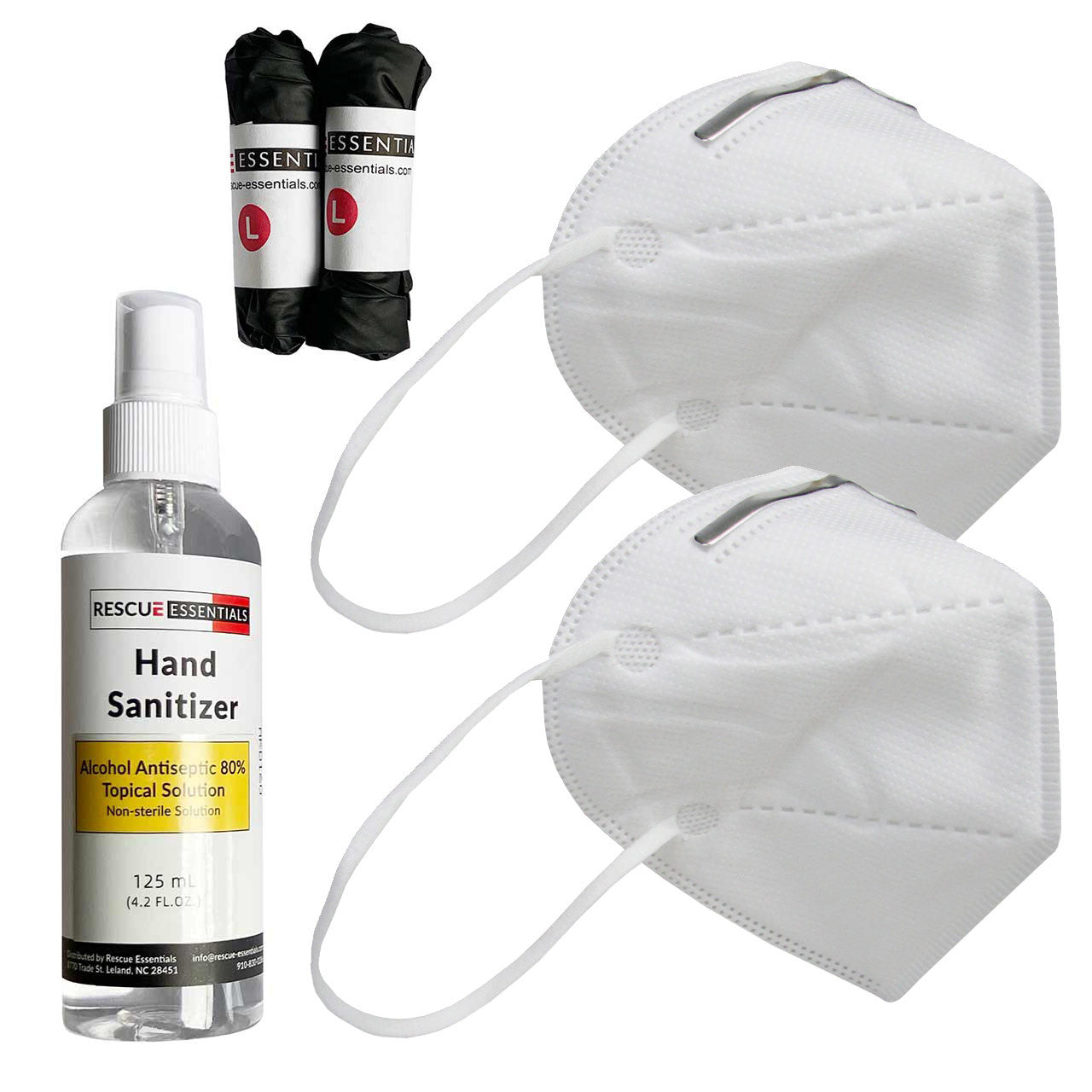 PPE Module by rescue essentials showing nitrile gloves, 4oz hand sanitizer and N95 masks side angle