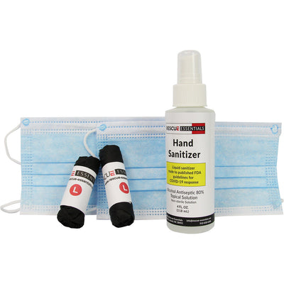 PPE Module by rescue essentials showing nitrile gloves, 4oz hand sanitizer and cloth masks