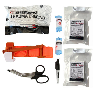 Bleeding Control Public Access kit by rescue essentials showing kit contents laid out, single kit