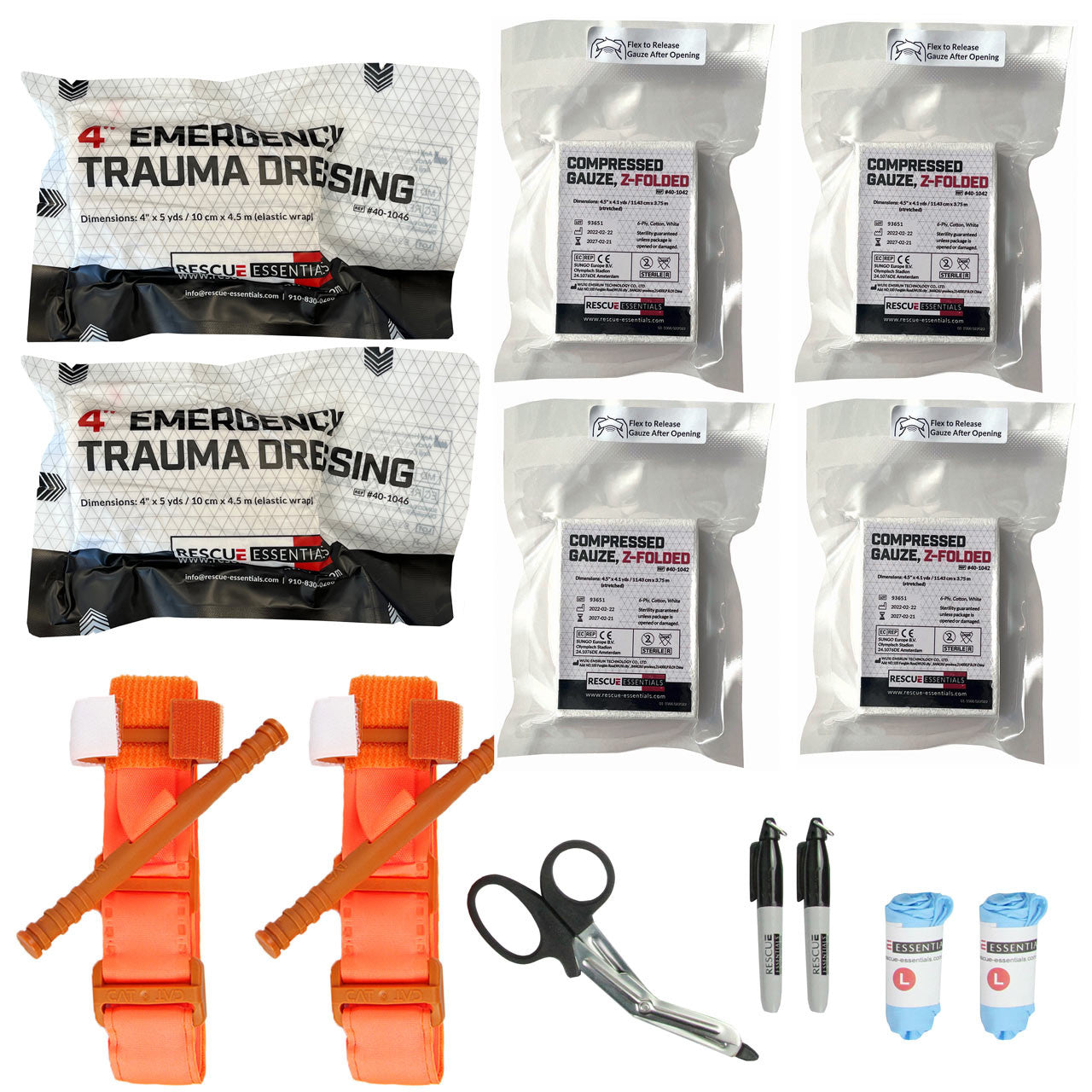 Bleeding Control Public Access kit by rescue essentials showing kit contents laid out, double kit