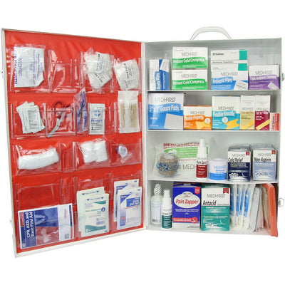Class B 4-Shelf ANSI-Rated First Aid Kit 150 Person, shown open and upright