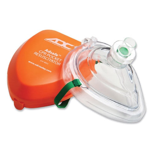 ADC AdSafe CPR Pocket Resuscitator showing clear plastic mouth cover mask and orange storage case