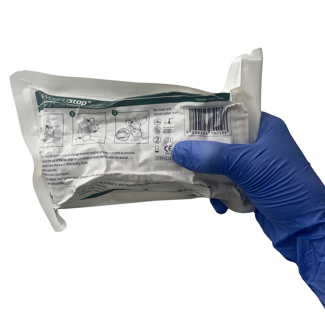 WoundStop Care 1+ Compression Trauma Dressing, Packaged held in hand