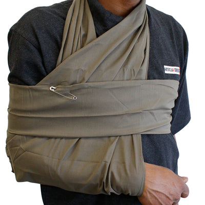 Rescue Essentials Triangle Bandage in use as sling, close up