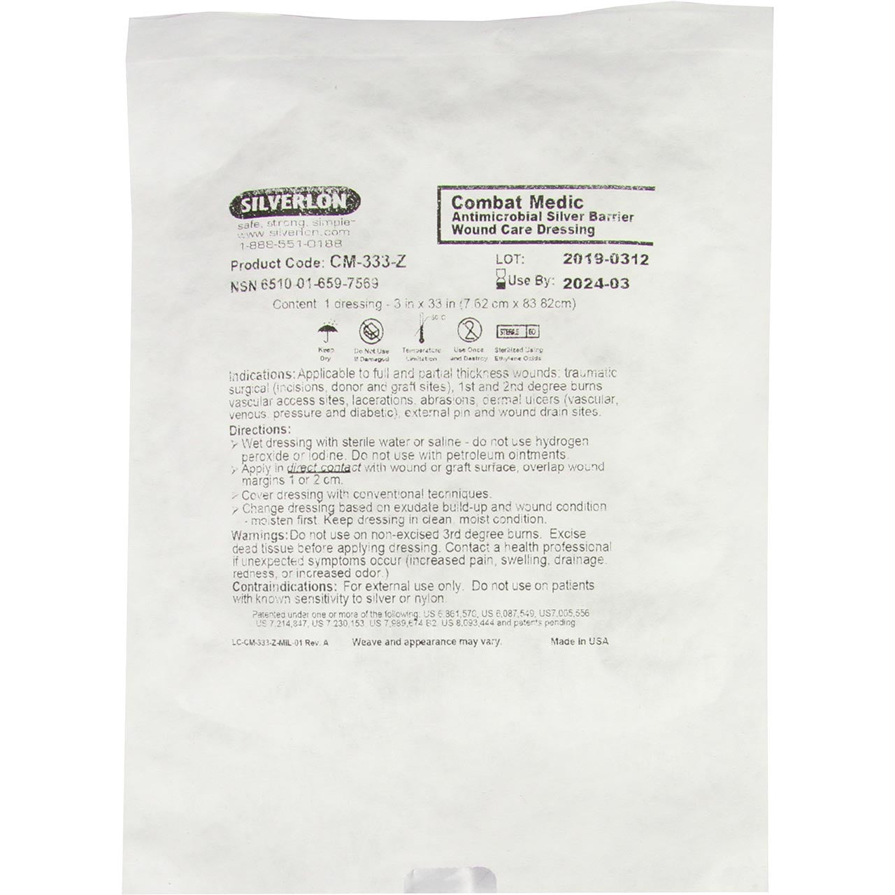 Silverlon Combat Medic Wound Care Dressing, 3" x 33" 