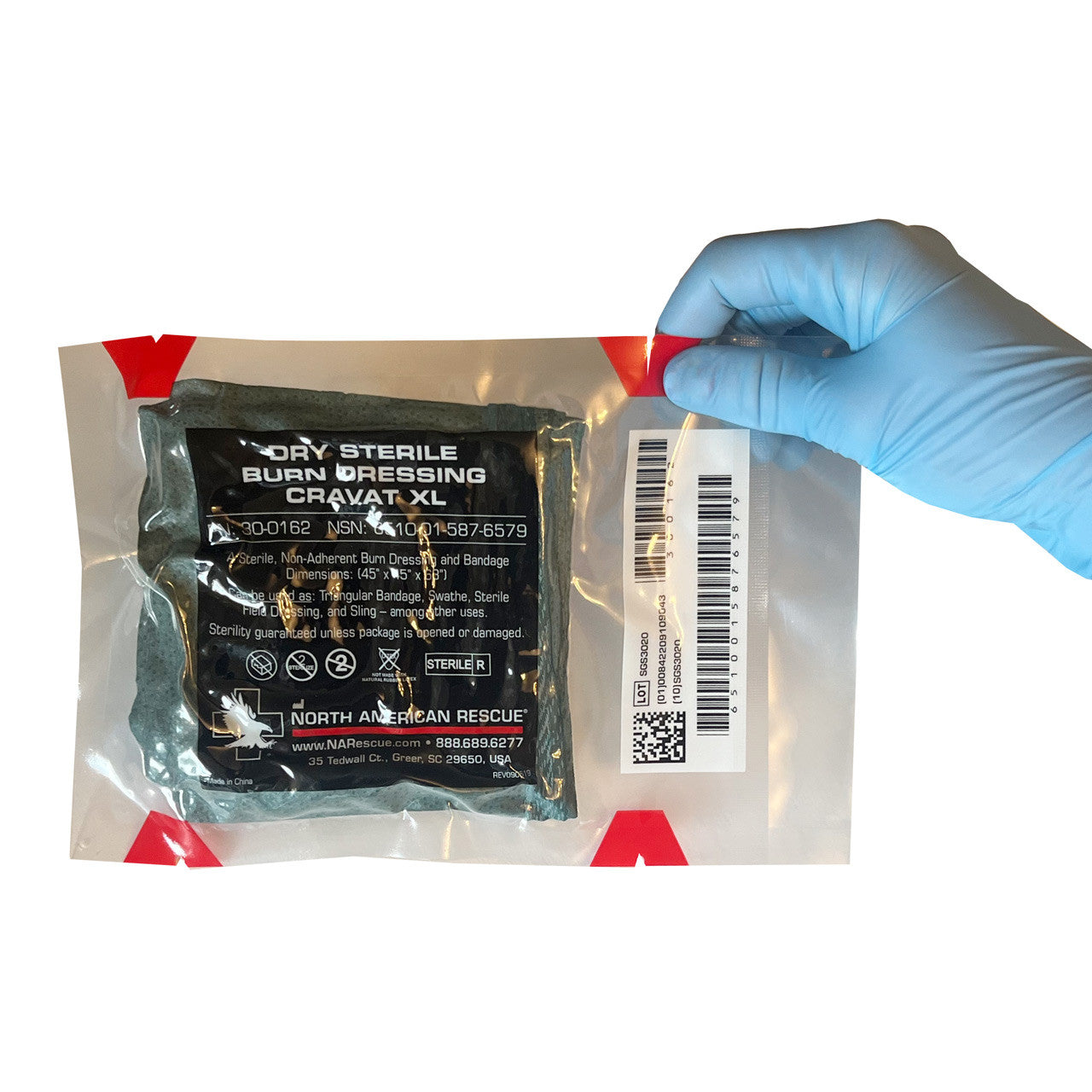 NAR Dry Sterile Burn Dressing, packaged in hand