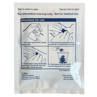 Simulated Hemostatic Gauze, back of packaging 