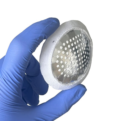 Fox Aluminum Eye Shield, held in hand front side angle