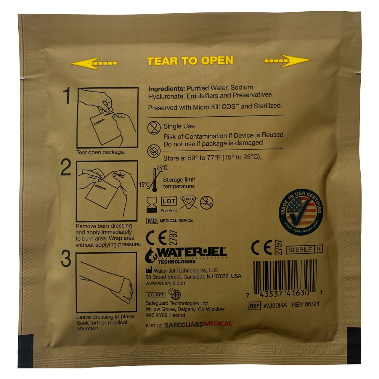 Water-Jel® Military Burn Dressing, back of packaging